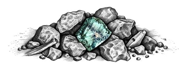 Engraved rough chlorastrolite among rock